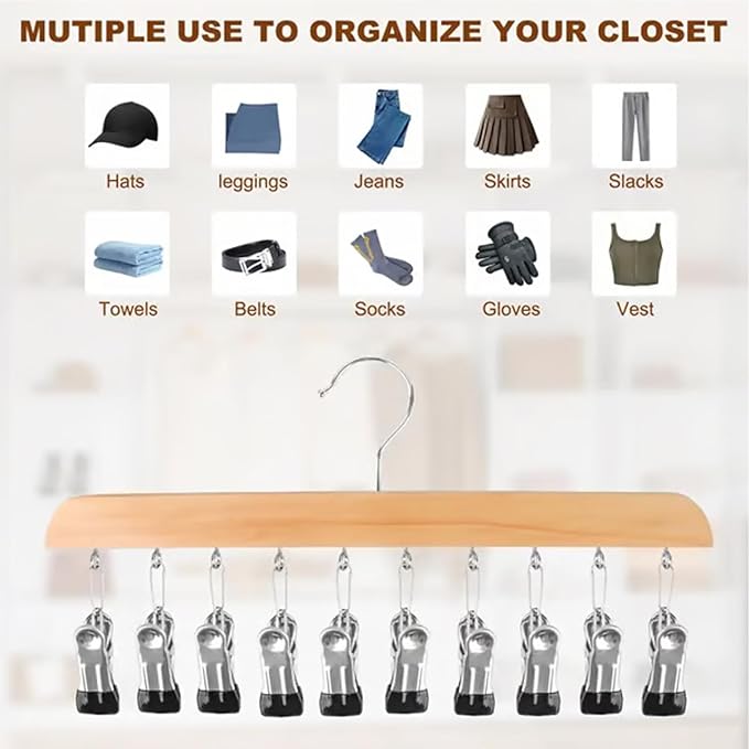 Closet Organizer with 10 Clips - Space Saving Hanging Closet Organizer, Legging Organizer for Closet Hanging, 360° Rotating Metal Clips with Silicone Lining for Hat Sock Clothes (1 Sets-B)