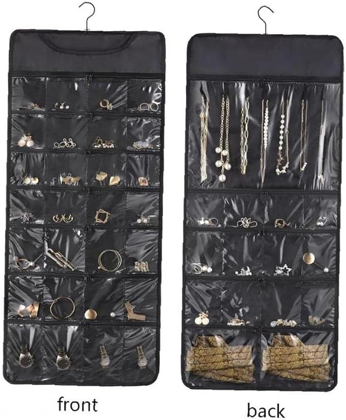 Hanging Jewelry Organizer Dual Zippered 43 Pockets 360°Rotating Double Sided Storage Pouch Wall Door Necklaces Sunglass Earrings Holders