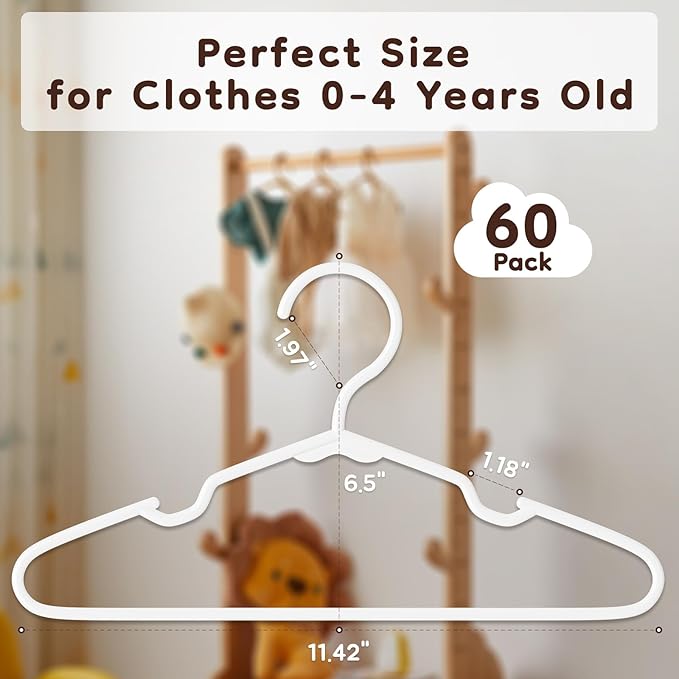 VTRIN Baby Hangers 60 Pack Large Capacity Hard Plastic Kids Hangers Suitable for All Clothes of Infant and Toddler, Such as Short, Shirts and Thick Coats, for Kids Clothes