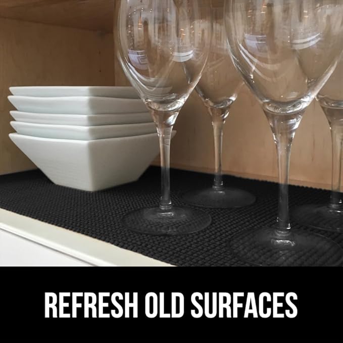 GORILLA GRIP powerGRIP Drawer Shelf and Cabinet Liner, Thick Strong Hold, Non-Adhesive Liners Protect Kitchen Cabinets and Cupboard, Bathroom Drawers, Easy Install, Breathable Mat, 12" x20', Black