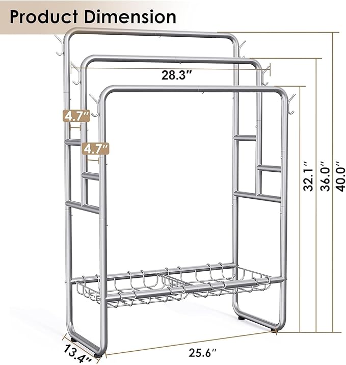 Kayfia 40" Tall Standing Towel Rack for Extra Large Towel, 3 Tier Floor Towel Stand with Storage Basket & Hook, Freestanding Blanket Ladder Display and Drying Rack for Bathroom Living Room