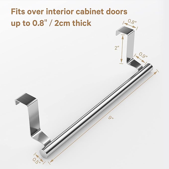 Stainless Steel Over Door Towel Rack Bar Holders for Universal Fit on Over Cabinet Cupboard Doors 2 Pack (Sliver)