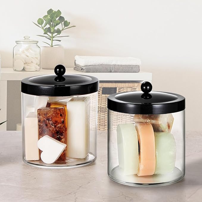 4 Pack 50Oz Large Plastic Apothecary Jar with Black Stainless Steel Lid - Shatterproof Laundry Pods Container - Modern Industrial Bathroom & Kitchen Storage Organizer for Scent Beads, Bath Bombs