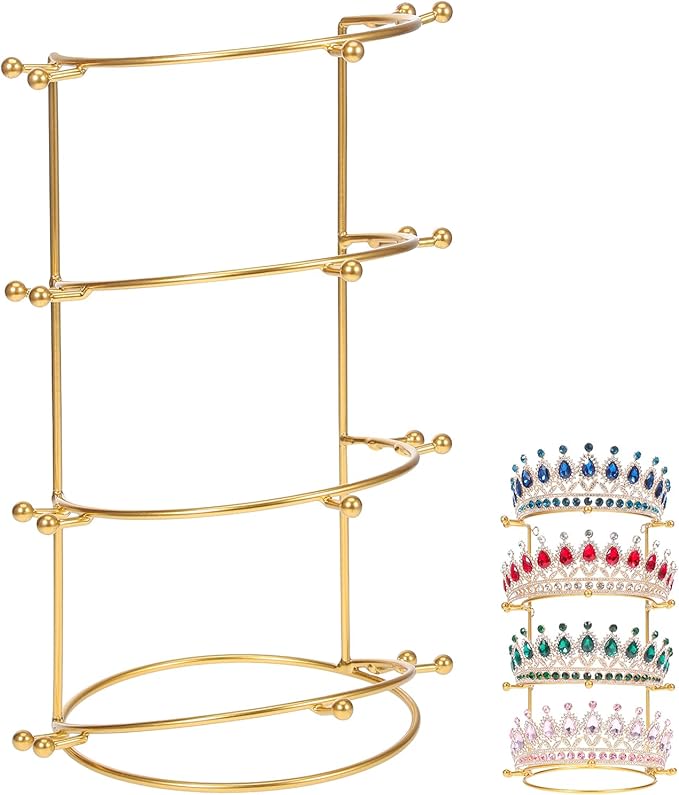 Crown Display Stand, Jewelry Organizer Stand 4-Layer, Metal Necklace Display Holder, Vintage Headband Display, Gold Headdress Storage Rack Display for Crown Hairband Necklace Jewelry