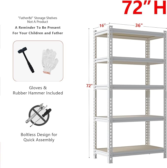 36"W "Father&I" 5-Shelf Industrial Metal Steel Garage/Tote Storage Shelves Heavy-Duty Adjustable Rack: Tall Shelving Units Organizer for Closet/Basement/Pantry/Shop/School 72"H*36W*16"D, White