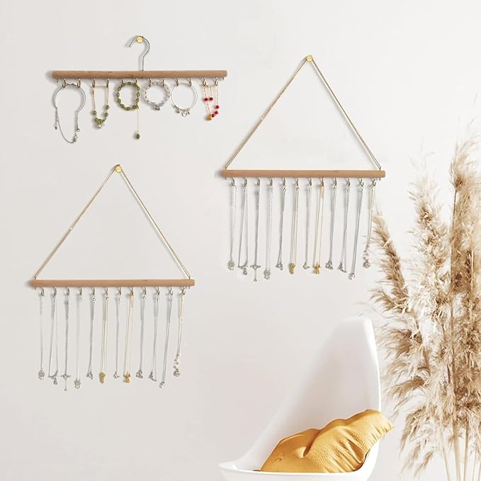 Hanging Jewelry Organizer with 36 Hooks - 15.7 Inch Hanging Wooden Display Rack for Necklaces, Bracelets, Earrings, Headbands - Space Saving Decor