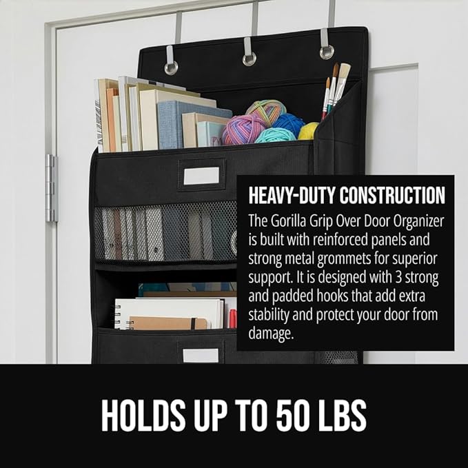 GORILLA GRIP Over The Door Organizer Storage, 5 Deep Hanging Shelves, Holds 50lbs, Closet Organizers Shelf for Bedroom, Bathroom, Nursery, Dorm Essentials, 3 Metal Hooks, 58x15 Inches, Black