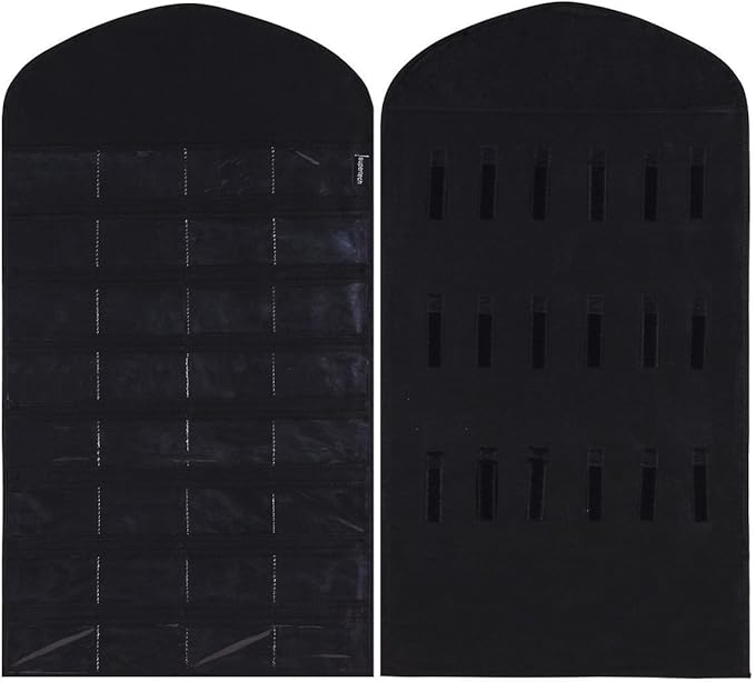 32 pockets& 18 hook-and-loop tabs Hanging Jewelry Organizer Dual Sides Space-saving Household Accessory Holder Storage Bag (Mode B Black)