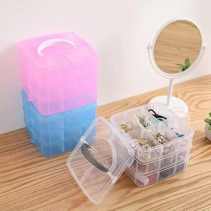 3-Tier Hair Accessories Storage Box, Clear Plastic Organizer with Handle, 5.9 x 5.9 x 5.1 in (Blue, 5.9 x 5.9 x 5.1 in)