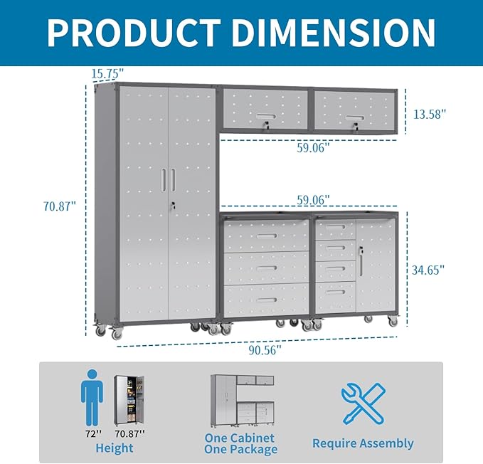 5 PCS Garage Storage Cabinets System Heavy Duty Workshop Set with Drawers Locking Rolling Cart with Adjustable Shelves Garage Tool Workbench Cabinets (5 PCS-3)