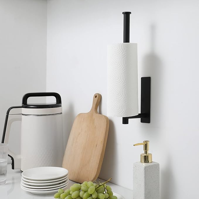theaoo 2 Packs Paper Towel Holder - Under Cabinet Paper Towel Holder for Kitchen, Adhesive Paper Towel Roll Rack for Bathroom Towel, Wall Mounted Matte Black Paper Towel Rack, SUS304 Stainless Steel