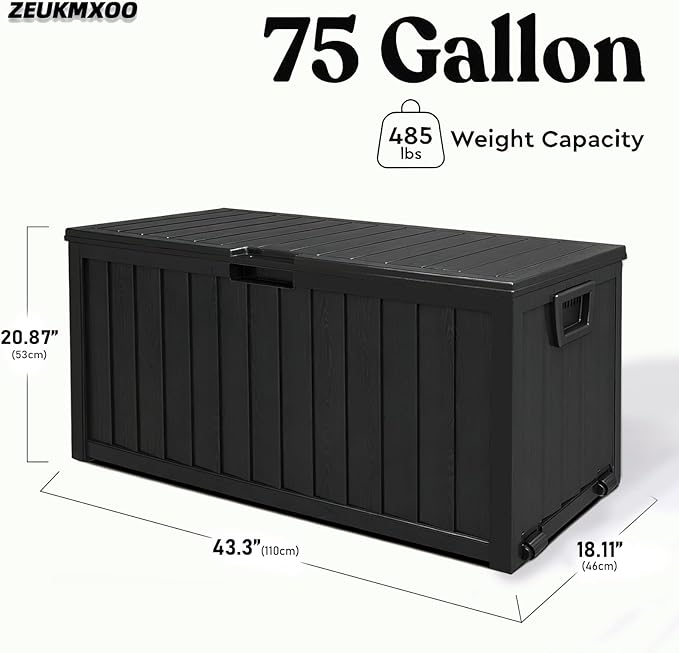 75 Gallon Outdoor Storage Box Waterproof,350LBS Lockable Patio Storage Box for Patio Cushions,Garden Tools and Tools Storage,Outside Storage Box-Black