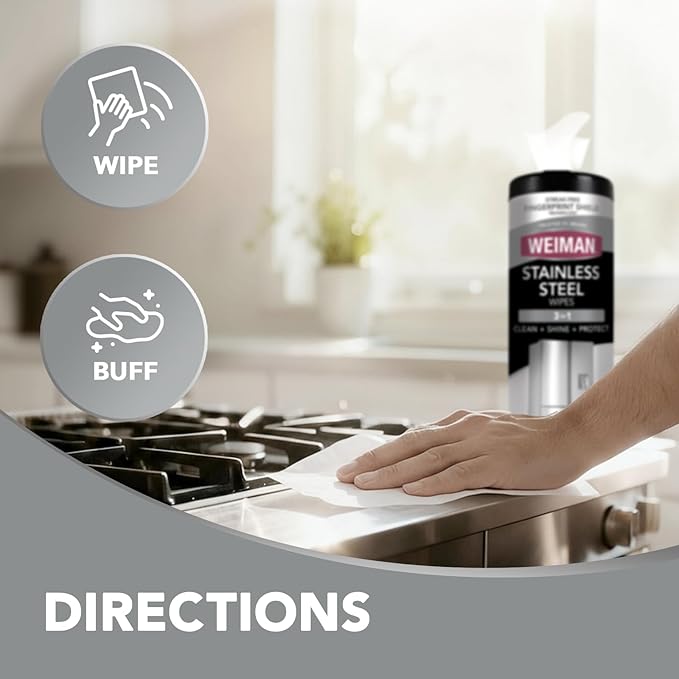 Weiman Stainless Steel Wipes (Large Microfiber Cloth) Removes Fingerprints Residue Water Marks and Grease from Appliances - Works Great on Refrigerators Dishwashers Ovens Grills - Packaging May Vary