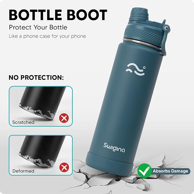 Insulated Water Bottle with Silicone Boot (36hrs Cold/18hrs Hot) - DIY Stickers, Leakproof, BPA Free, 24 oz [2-IN-1 LID]