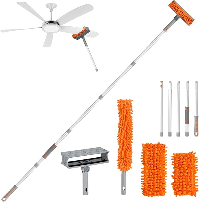 Ceiling Fan Cleaner Dusters with 72'' Extension Pole, Reusable Microfiber Pads High Ceiling Fan Blade Cleaning Tool for Baseboards, Blinds, Cobwebs