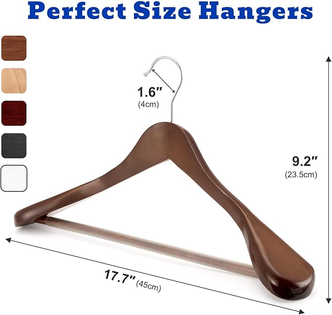 HOUSE DAY Wide Shoulder Wooden Hangers 12 Pack, Wood Suit Hangers for Men with Non Slip Pants Bar, Smooth Finish Solid Wood Coat Hanger for Jacket, Pants, Dress, Heavy Clothes Hanger (Walnut)