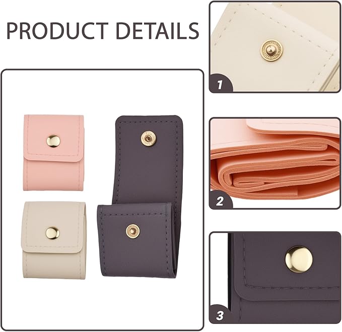 Heran 3pcs Mini Travel Jewelry Bag Set, Foldable Portable Organizer and Microfiber Pouch, Compact Leather Storage Roll Case for Earrings Rings Necklaces (Beige,Pink and Gray)