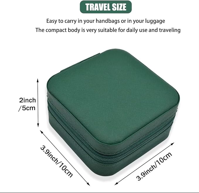 Travel Jewelry Organizer Box – Compact PU Leather Case with Necklace Hooks, Ring & Earring Storage, Soft Pink Interior, Emerald Green