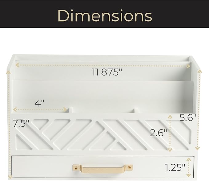 BLU MONACO | White Wooden Mail Organizer with Drawer & Gold Handle | Mail Sorter Organizer Countertop | Tabletop Organizer with Drawers & Outgoing Mail Holder