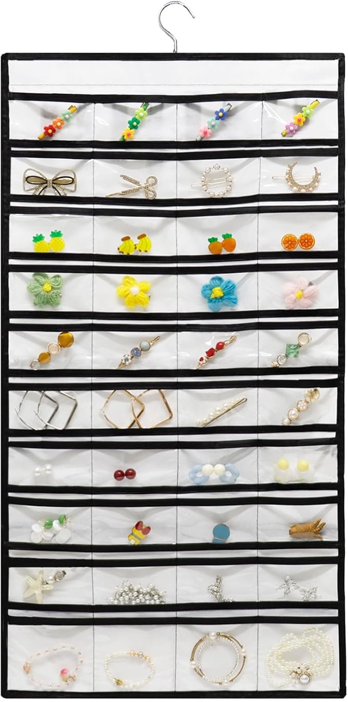 Muka Hanging Jewelry Organizer, Double Sided Foldable 48 Pockets Closet Jewelry Organizer Storage with Hanger, White
