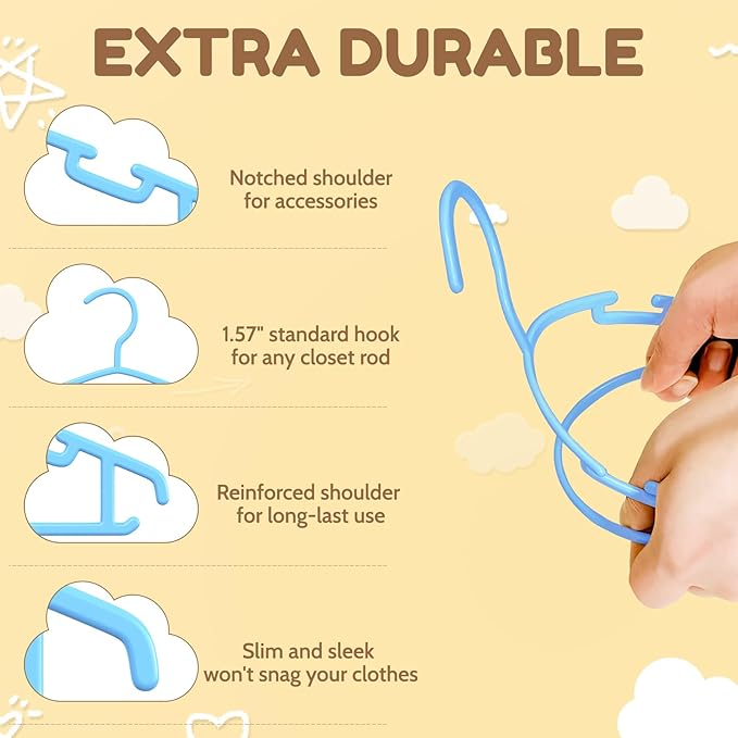Kids Plastic Hangers, Baby Clothes Hangers for Closet 50 Packs Non-Slip Toddler Hanger for Infant Child Clothing, Small Children Hangers for Pants Coats Skirts (Blue)