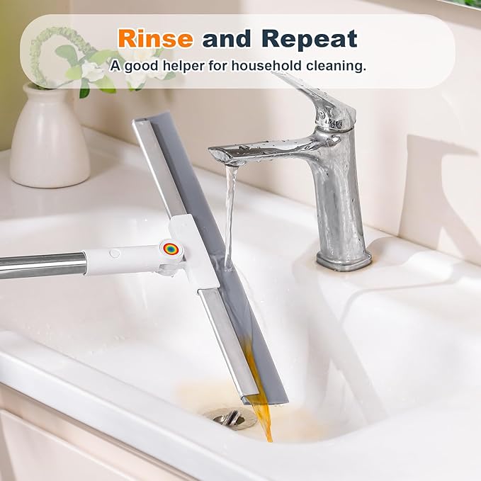 Rubber Squeegee Broom for Floor,Upgrade 62" Long Handle Window Squeegee, 2 Cleaning Cloths, Silicone Pet Hair Remover,Magic Squeegee Broom Removes Water Spots, Stains, Grease, and Glass Surfaces.