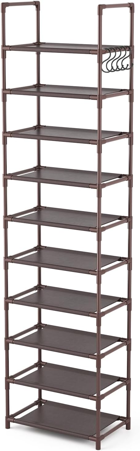 10 Tiers Tall Shoe Rack 20-25 Pairs Boots Organizer Storage Sturdy Narrow Shoe Shelf for Entryway, Closets with Hooks, Brown
