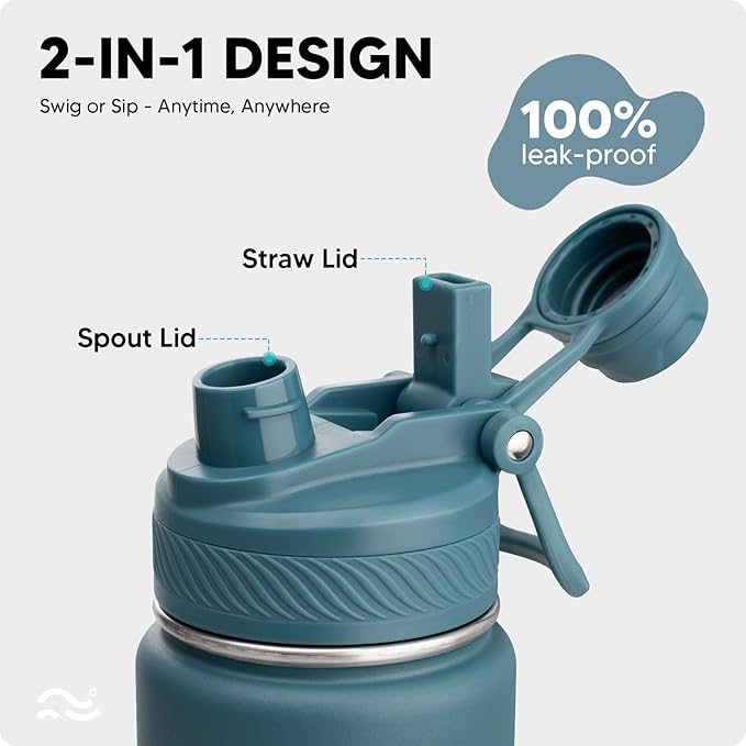Insulated Water Bottle with Silicone Boot (36hrs Cold/18hrs Hot) - DIY Stickers, Leakproof, BPA Free, 24 oz [2-IN-1 LID]