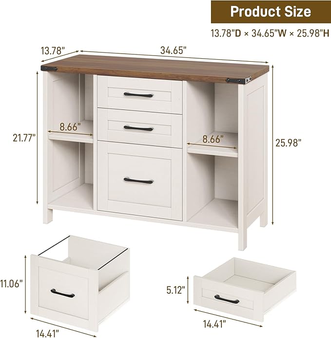 3 Drawer File Cabinet, Farmhouse Lateral Filing Cabinet Fits File Letter or A4 Size, Wooden Printer Stand with Open Storage Adjustable Shelf for Home Office, White