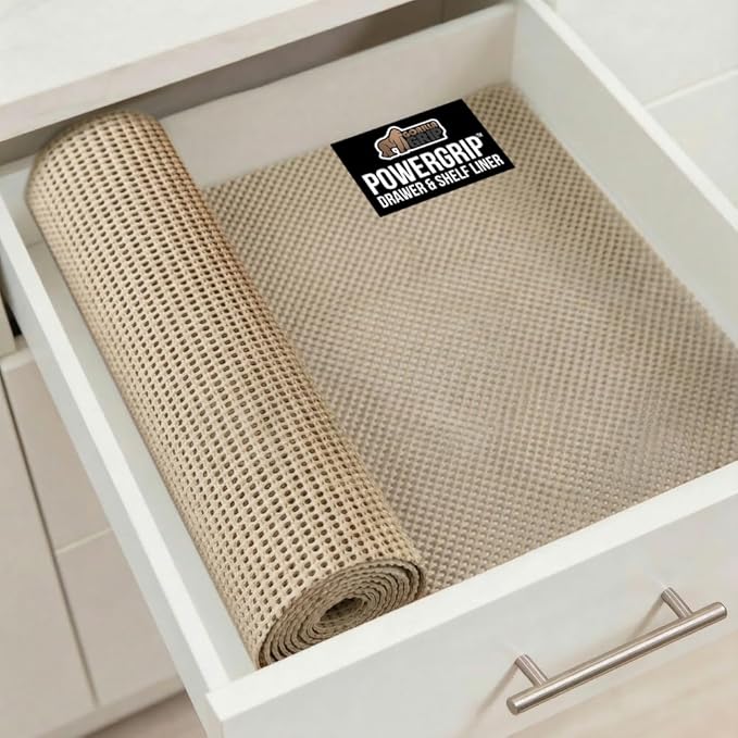 GORILLA GRIP powerGRIP Drawer Shelf and Cabinet Liner, Thick Strong Hold, Non-Adhesive Liners Protect Kitchen Cabinets and Cupboard, Bathroom Drawers, Easy Install, Breathable Mat, 17.5" x20', Beige