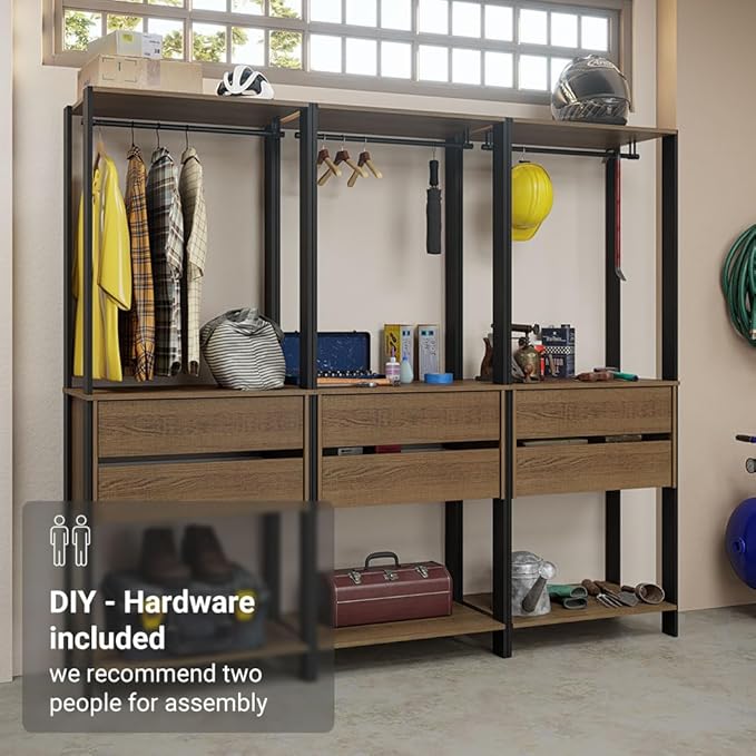 Madesa Garage Storage Rack with 6 Drawers and Hanging Spaces 82" L Multiuse Modular Organization Cabinet for Tools (BLACK/BROWN)