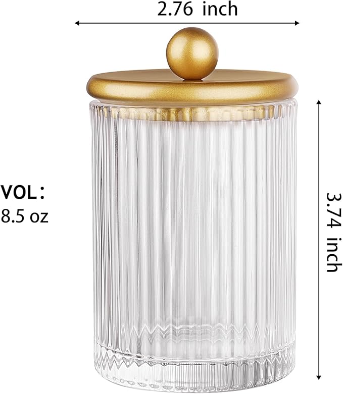 SheeChung 2-Pack Gold Ribbed Glass Qtip Holder - Apothecary Jars Bathroom Organizer with Metal Lids - Countertop Vanity Canister Set for Cotton Swabs, Rounds, Floss Picks-Modern Luxury Decor