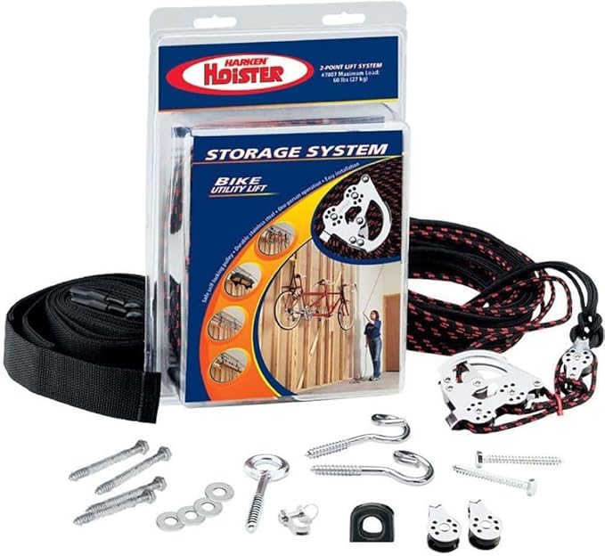 HARKEN Hoister - Overhead Garage Storage 2 Point Hoist System for Bikes, Kayaks, Surf & Paddle Boards (60lb Capacity, 10ft Ceiling) Safe Anti-Drop System, One-Person Operation - 7807