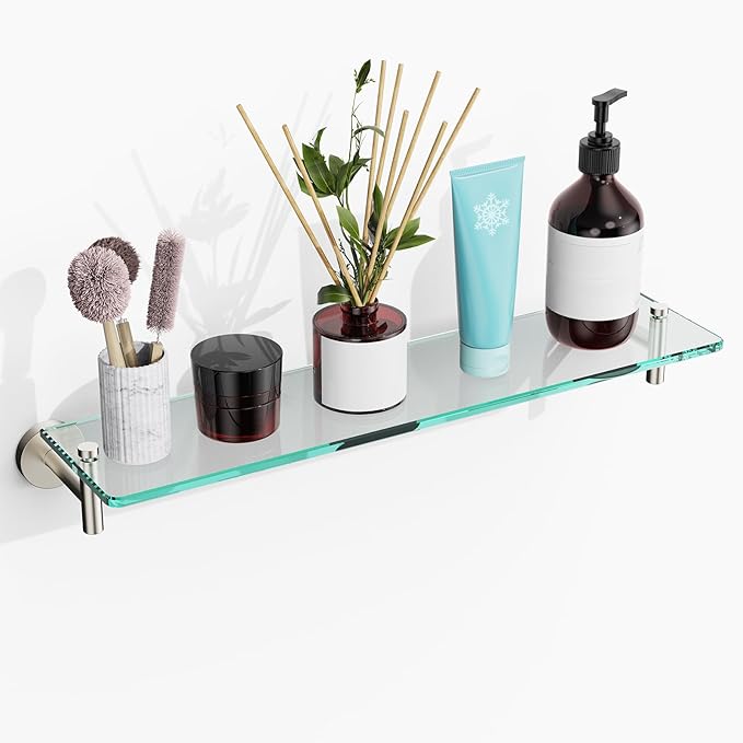 Glass Shelves for Bathroom,20-Inch Brushed Nickel Floating Bathroom Shelf Stainless Steel Tempered Glass Shelf Modern Shelves Wall Mounted
