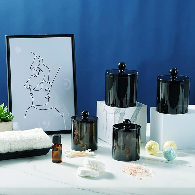 SheeChung 4-Pack Qtip Holder,Mixed Sizes Black Acrylic Apothecary Jars with Lids - (2) 12oz & (2) 10oz Qtip Holder Set - Shatterproof Bathroom Vanity Organizer for Cotton Swabs,Balls,Pads
