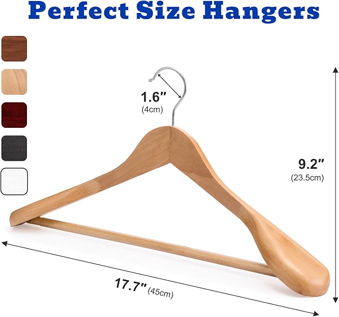 HOUSE DAY Wood Suit Hangers for Men, Smooth Wide Shoulder Wooden Hanger with Non Slip Pant Holder, Wide Hangers for Suits, Coats, Jackets, Heavy Wide Clothes Hanger 2 Pack, Natural