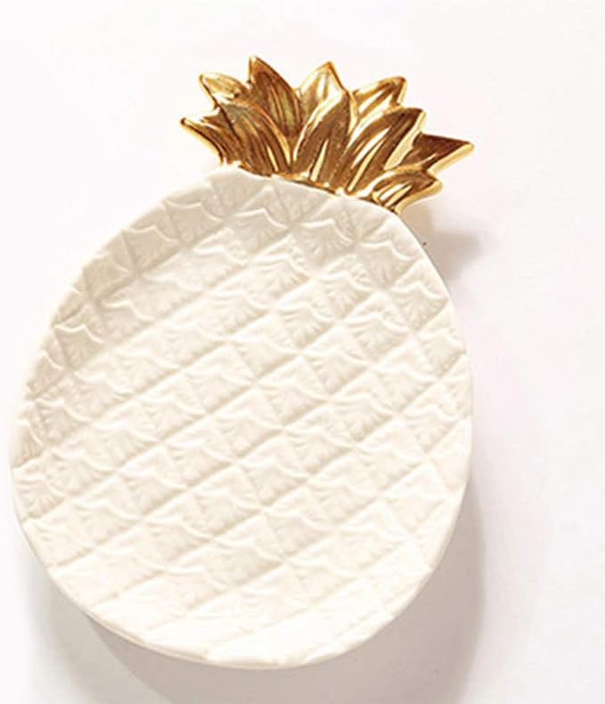 Ceramic Jewelry Pineapple Trays,Electroplated Golden Pineapple Plate,Home Decor Dish Wedding Birthday (White)