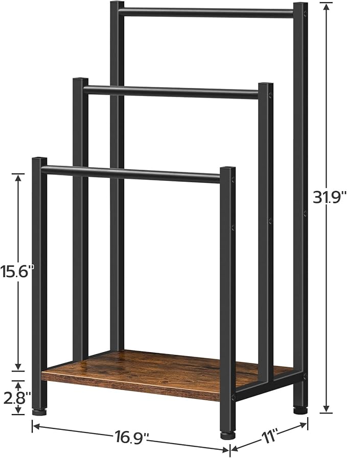 HOOBRO Free Standing Towel Rack, 3 Tier Blanket Rack, Blanket Holder for Bathroom, 16.9" L x 11" W x 31.9" H, Industrial Metal Drying and Display Rack with Shelf, Rustic Brown and Black BF03LB01