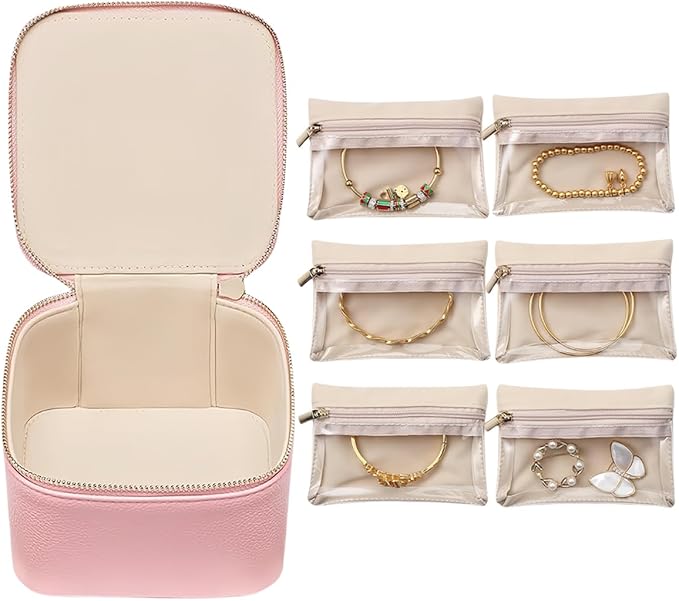 Leather Jewelry Boxes for Travel, leather jewelry travel case, small jewelry pouchs zipper for women, travel jewelry bag organizer (Pink)