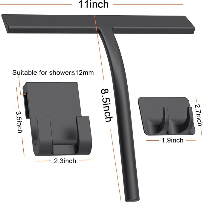 All -Purpose Silicone Shower Squeegee for Shower Glass Door with Hook, Bathroom Accessories for Window Mirror Tile Car Shower Walls,Household Shower Cleaner Tool (Black, 11inch)