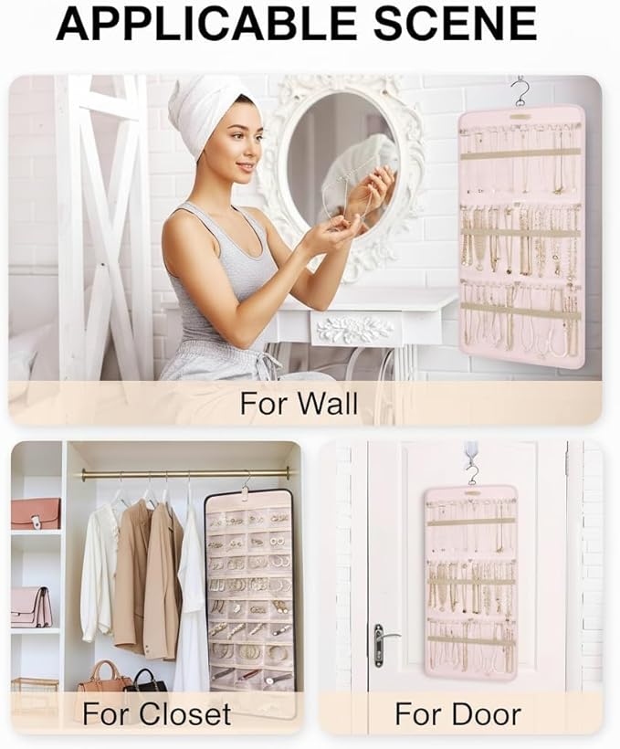 Hanging Jewelry Organizer- Dual-Sided Necklace Holder Wall Mount & Over The Door Closet Storage - Pockets Large Capacity Accessory Holder for Earrings, Rings, Bracelets - 360° Rotating (1, Pink, XL)
