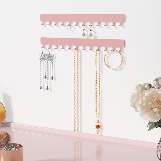 Necklace Holder Hanging Jewelry Organizer - Jewelry Organizer for Necklace, Self-Adhesive Necklace Organizer, Wall Jewelry Organizer,2 Pack, Pink, DFUS0030P2