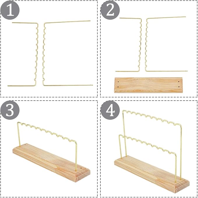 1Pcs 2-Tier Wood Earring Display Stand 8.66x5.9x1.97 Inch Long-Lasting Plated Metal Hanging Bar Stand with Iron Findings Golden Display Stands for Bracelet Necklace Earrings