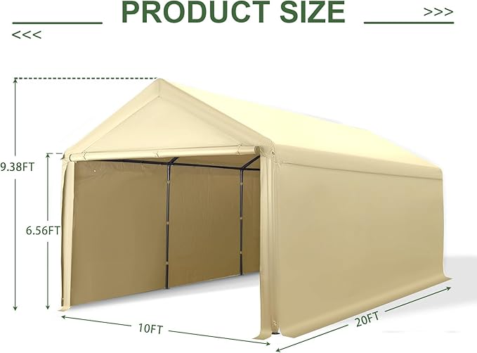 10x20 FT Heavy Duty Carport Car Tent Car Canopy Storage Shed, Portable Garage with Removable Sidewalls & Doors All-Season Tarp for Car,Truck,SUV,Party Beige