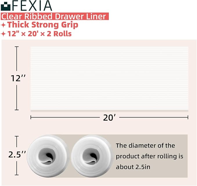 FEXIA 2 Rolls Shelf Liners for Kitchen Cabinets Non-Slip Drawer Liner 12 Inches x 20 FT Waterproof & Oil-Proof Non Adhesive Durable Material Fridge Liner for Shelves