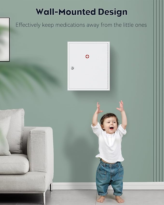 Uniclife Wall Mount Medicine Cabinet with Key Lock Locking First Aid Cabinet Lockable Medical Cabinet Large Capacity Medicine Organizer Secure Steel Wall Cabinet Metal Storage Box, White