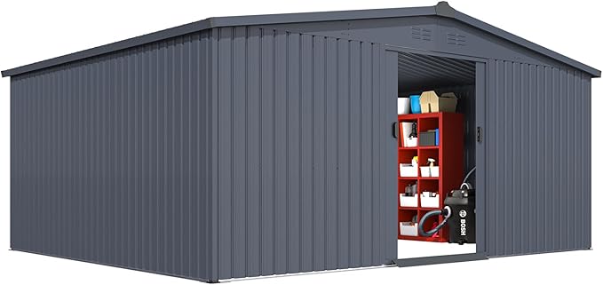 AECOJOY 12' x 14' Shed, Outdoor Storage Shed with Sliding Door, 14x12 Sheds & Outdoor Storage Clearance Backyard Shed Storage Cabinet, Large Metal Storage Tool Shed