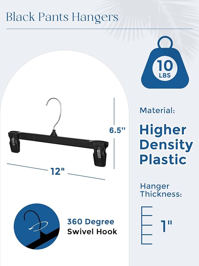 Smartor Space Saving Heavy Duty Hangers - 300 Pack, Slim Plastic Pants and Shorts Hangers, Ridged Non-Slip with Pinch Clips, 360-Rotating Chrome Swivel Hook, Black, 12 Inch