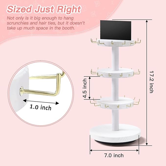 Pinzoveco Scrunchie Holder, 3 Tier Hair Accessories Organizer, Rotating Hair Tie Organizer with 36 Hooks Storage Display Scrunchie Organizer for Women and Girls, White and Gold