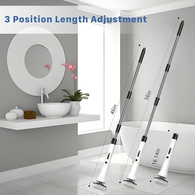 Electric Spin Scrubber, Hillyfe Bathroom Scrubber Electric with 7 Replaceable Brush Heads, IPX7 Waterproof,300/400 RPM, 3 Adjustable Length,Scrubber Brush Electric for Bathtub Floor,White